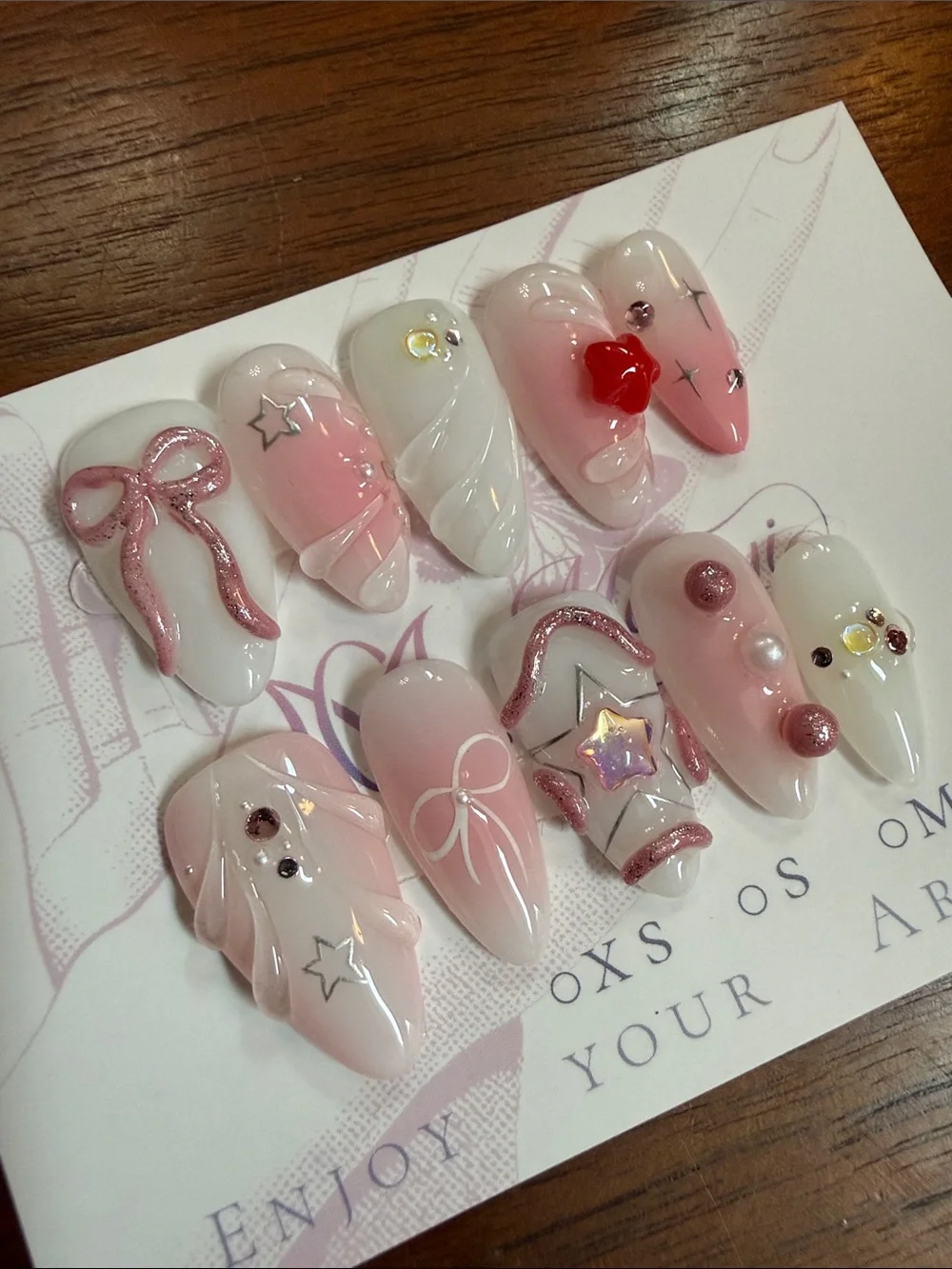 Handmade Pink and White 3D Embellished Press-On Nails with bows Large Almond